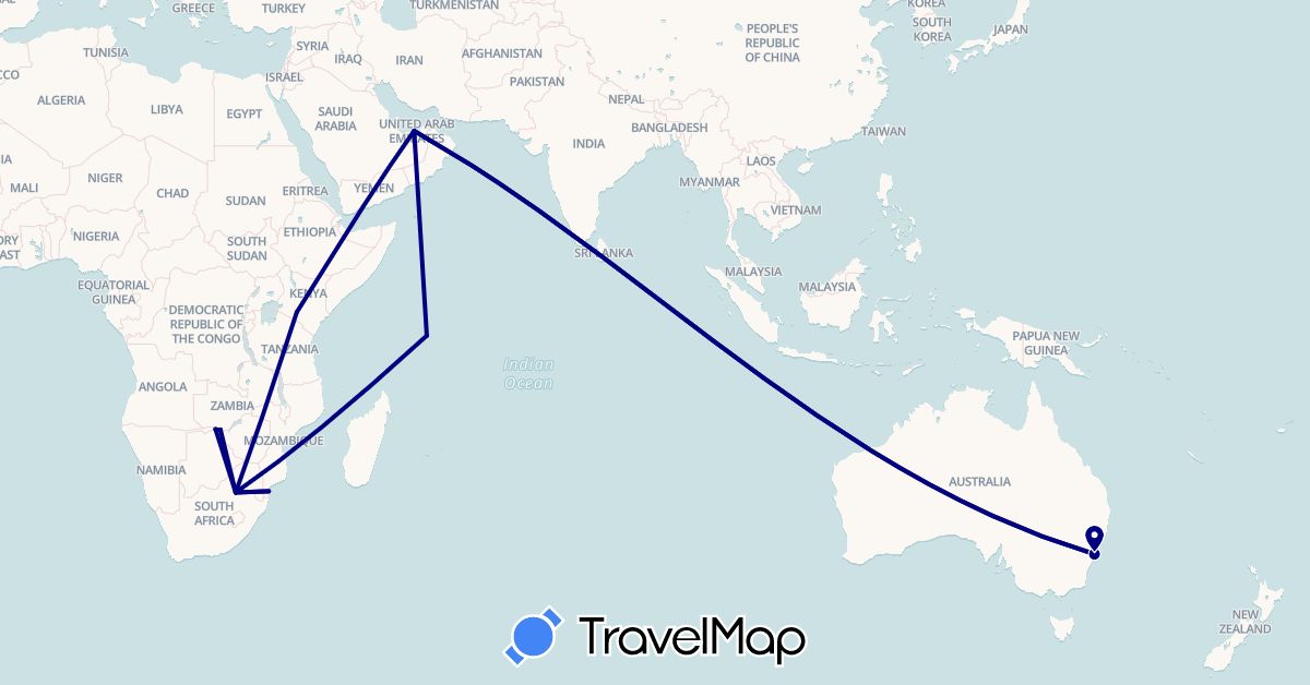 TravelMap itinerary: driving in United Arab Emirates, Australia, Botswana, Kenya, Mozambique, Seychelles, South Africa, Zambia, Zimbabwe (Africa, Asia, Oceania)