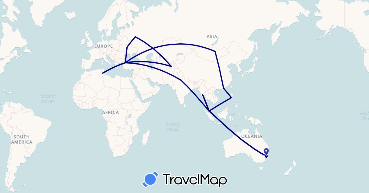 TravelMap itinerary: driving in Australia, China, India, Myanmar (Burma), Mongolia, Malaysia, Philippines, Russia, Tajikistan, Tunisia, Turkey, Ukraine (Africa, Asia, Europe, Oceania)